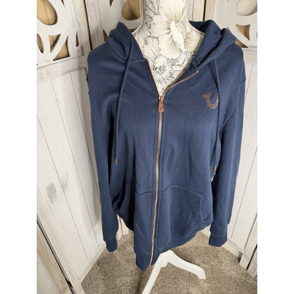 True Religion Blue Zip Up Hoodie Rhinestone Rosegold Logo Down Arms Sz Medium
